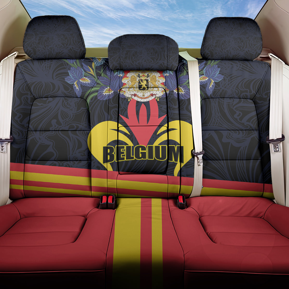 Belgium Iris Day Back Car Seat Cover Royaume de Belgique Coat Of Arms - Wonder Print Shop