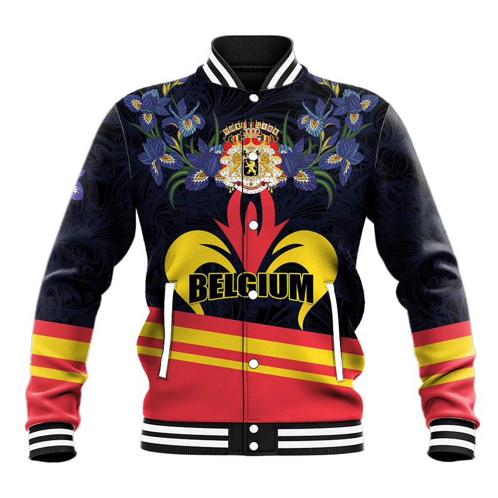 Black unisex baseball jacket with Belgium crest, floral graphic, striped cuffs and hem