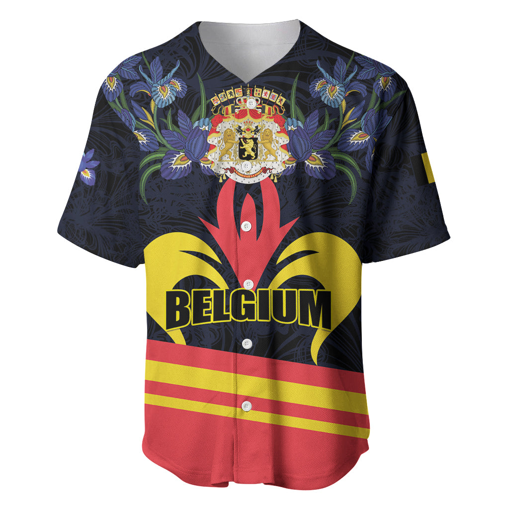 Black Belgium day baseball jersey with crest, floral accents, and BELGIUM text