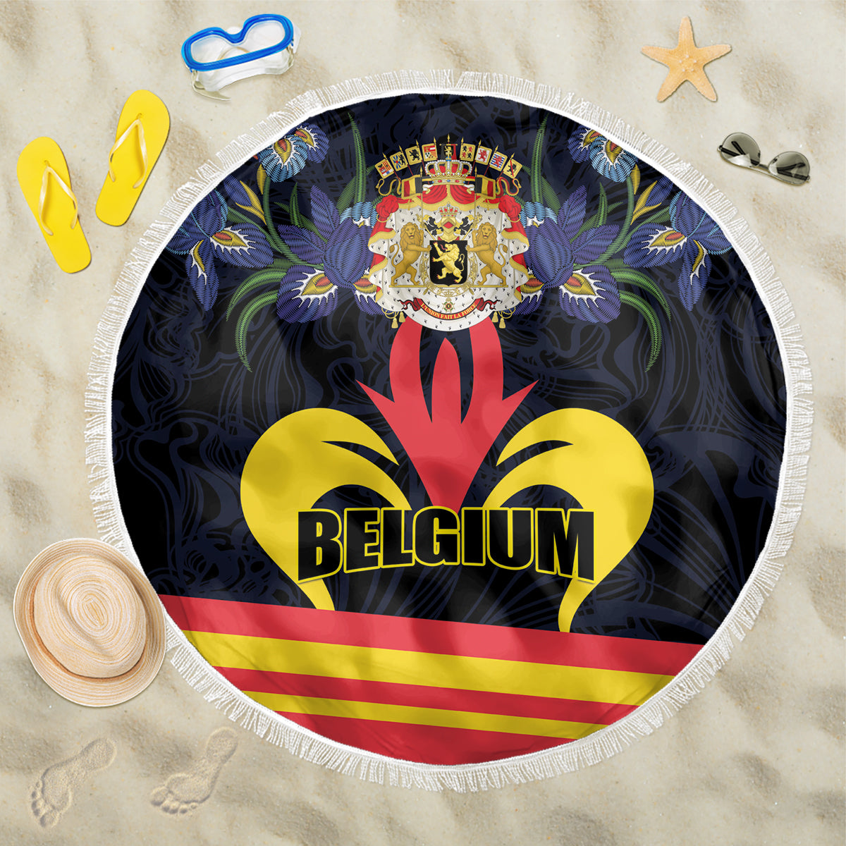 Round 150cm beach blanket with Belgium crest, Belgium logo, tricolor stripes and white fringe