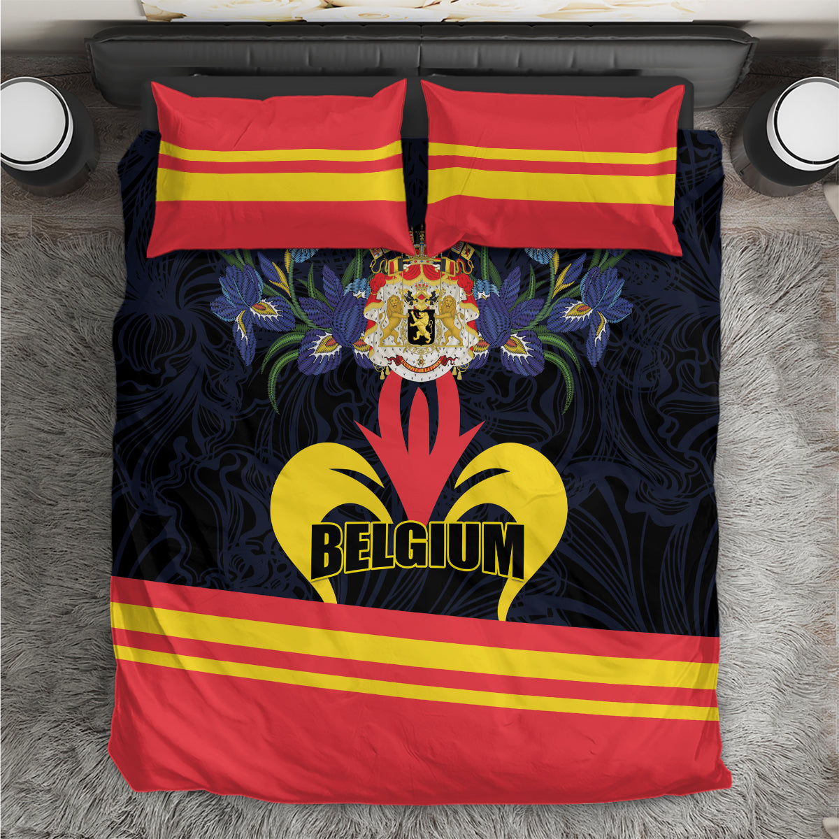 Belgium-themed bedding set: navy duvet with red/yellow stripes, crest, and two red pillowcases