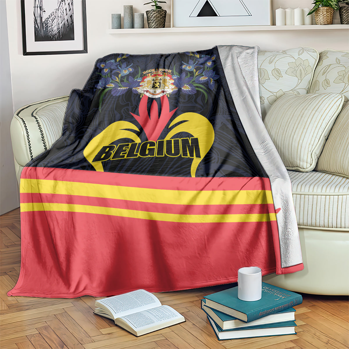 Belgium day blanket with coat of arms, BELGIUM text, yellow fleur-de-lis, red striped base