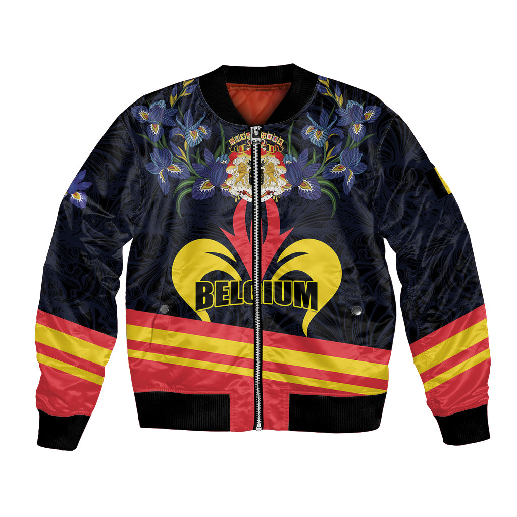 Black bomber jacket with Belgium crest, iris floral pattern, and red-yellow flag stripe