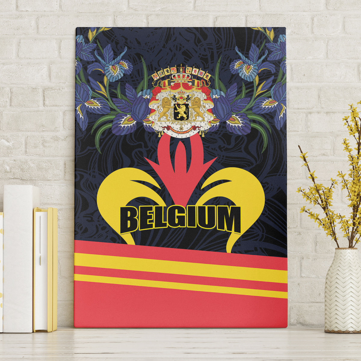 Belgium coat of arms canvas wall art with floral motif, yellow "BELGIUM" and flag stripes