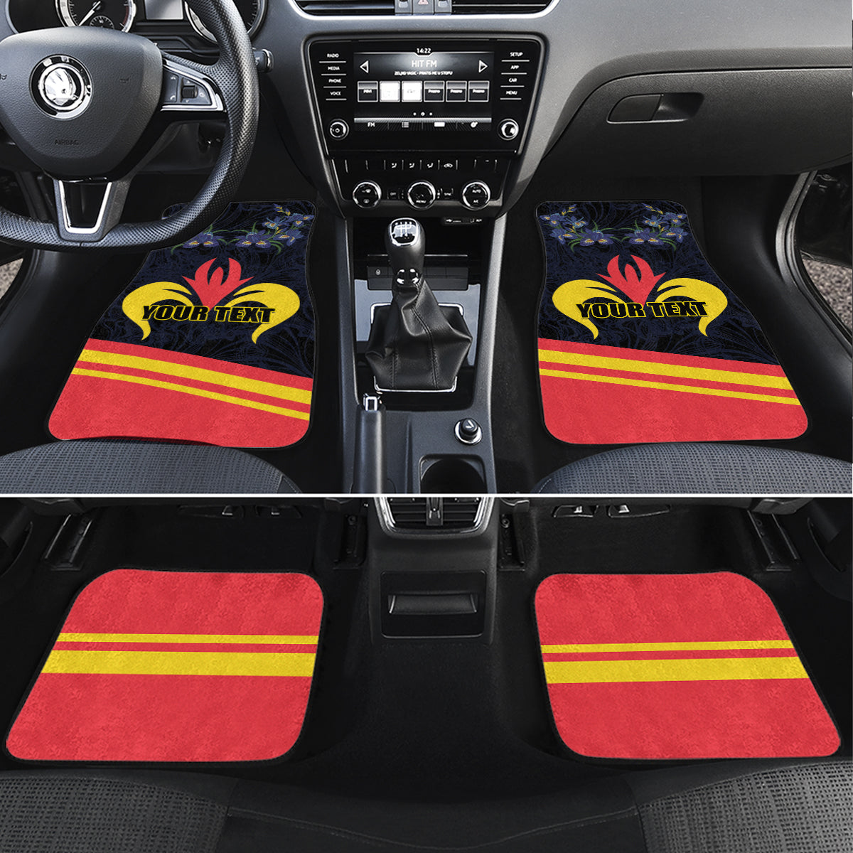 Black car floor mats with blue flowers, red base, yellow stripes, YOUR TEXT
