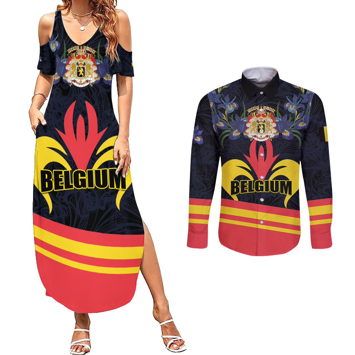 Personalized Belgium Iris Day Couples Matching Summer Maxi Dress and Long Sleeve Button Shirt Royaume de Belgique Coat Of Arms - Wonder Print Shop