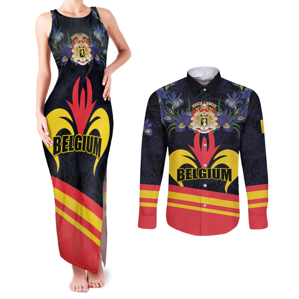 Personalized Belgium Iris Day Couples Matching Tank Maxi Dress and Long Sleeve Button Shirt Royaume de Belgique Coat Of Arms - Wonder Print Shop