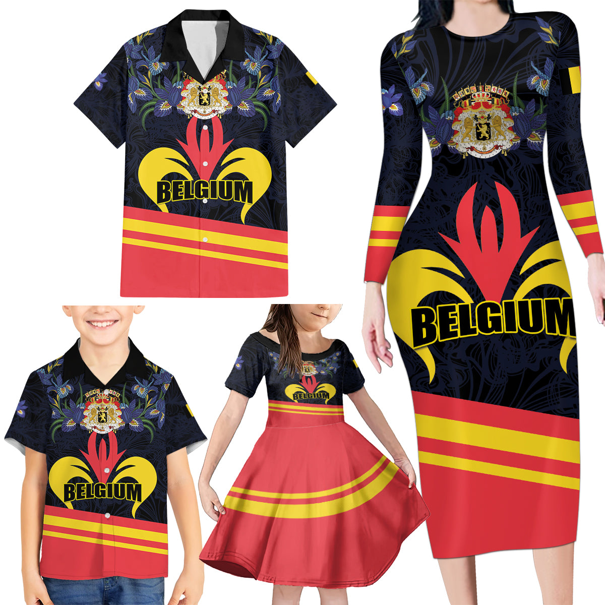 Personalized Belgium Iris Day Family Matching Long Sleeve Bodycon Dress and Hawaiian Shirt Royaume de Belgique Coat Of Arms - Wonder Print Shop