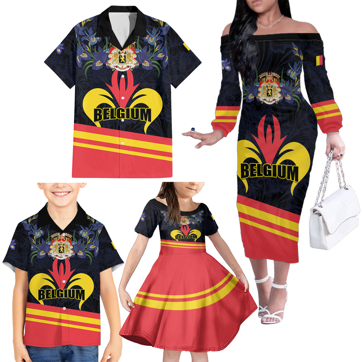 Personalized Belgium Iris Day Family Matching Off The Shoulder Long Sleeve Dress and Hawaiian Shirt Royaume de Belgique Coat Of Arms - Wonder Print Shop