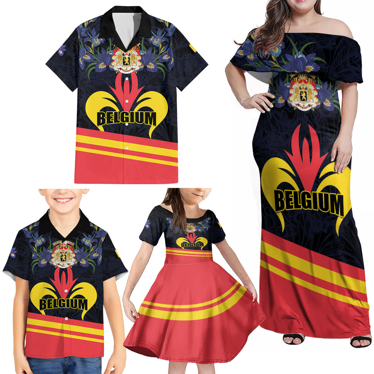 Personalized Belgium Iris Day Family Matching Off Shoulder Maxi Dress and Hawaiian Shirt Royaume de Belgique Coat Of Arms - Wonder Print Shop