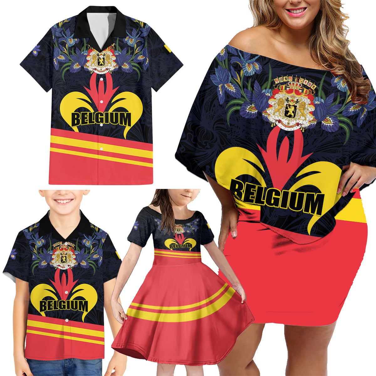 Personalized Belgium Iris Day Family Matching Off Shoulder Short Dress and Hawaiian Shirt Royaume de Belgique Coat Of Arms - Wonder Print Shop