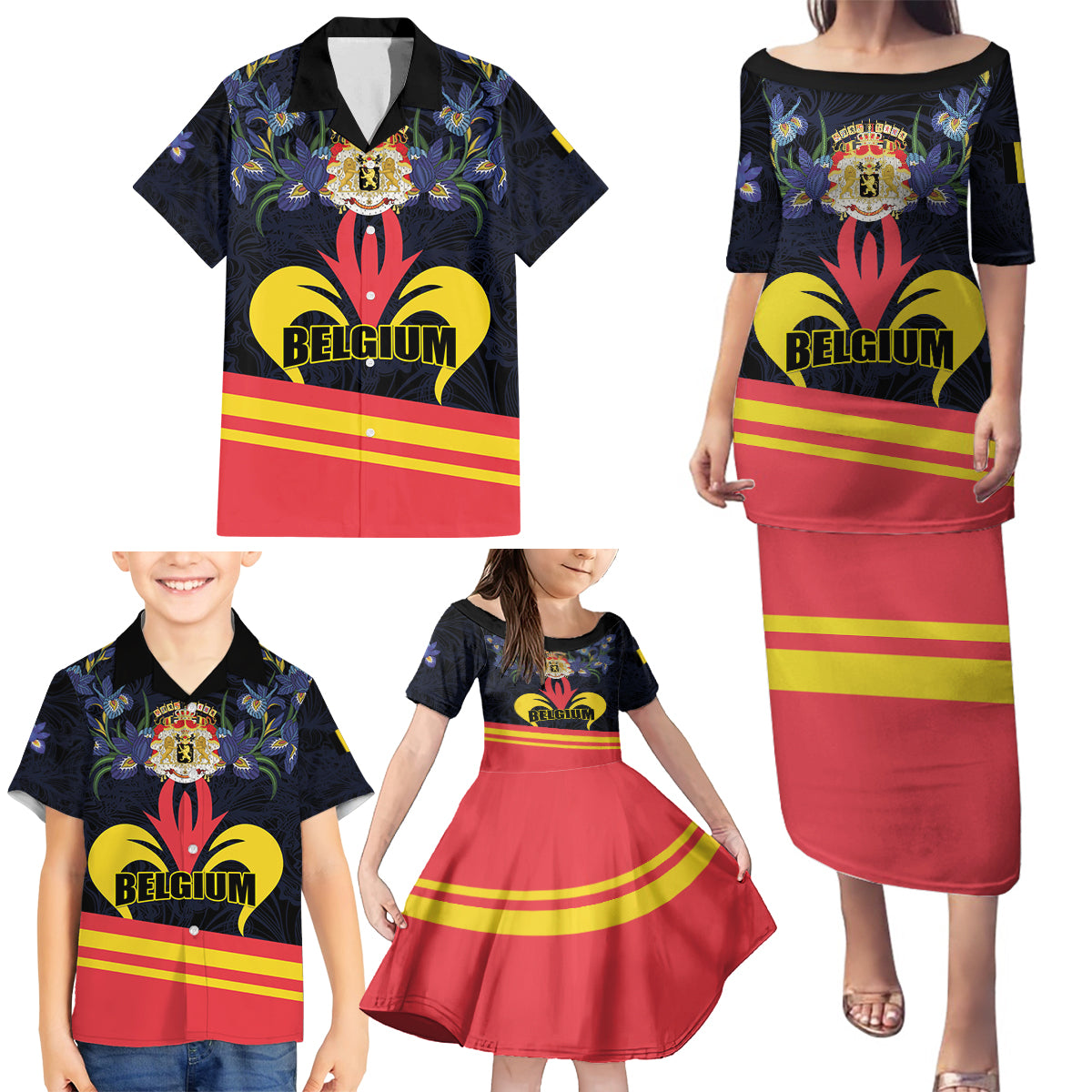 Personalized Belgium Iris Day Family Matching Puletasi and Hawaiian Shirt Royaume de Belgique Coat Of Arms - Wonder Print Shop