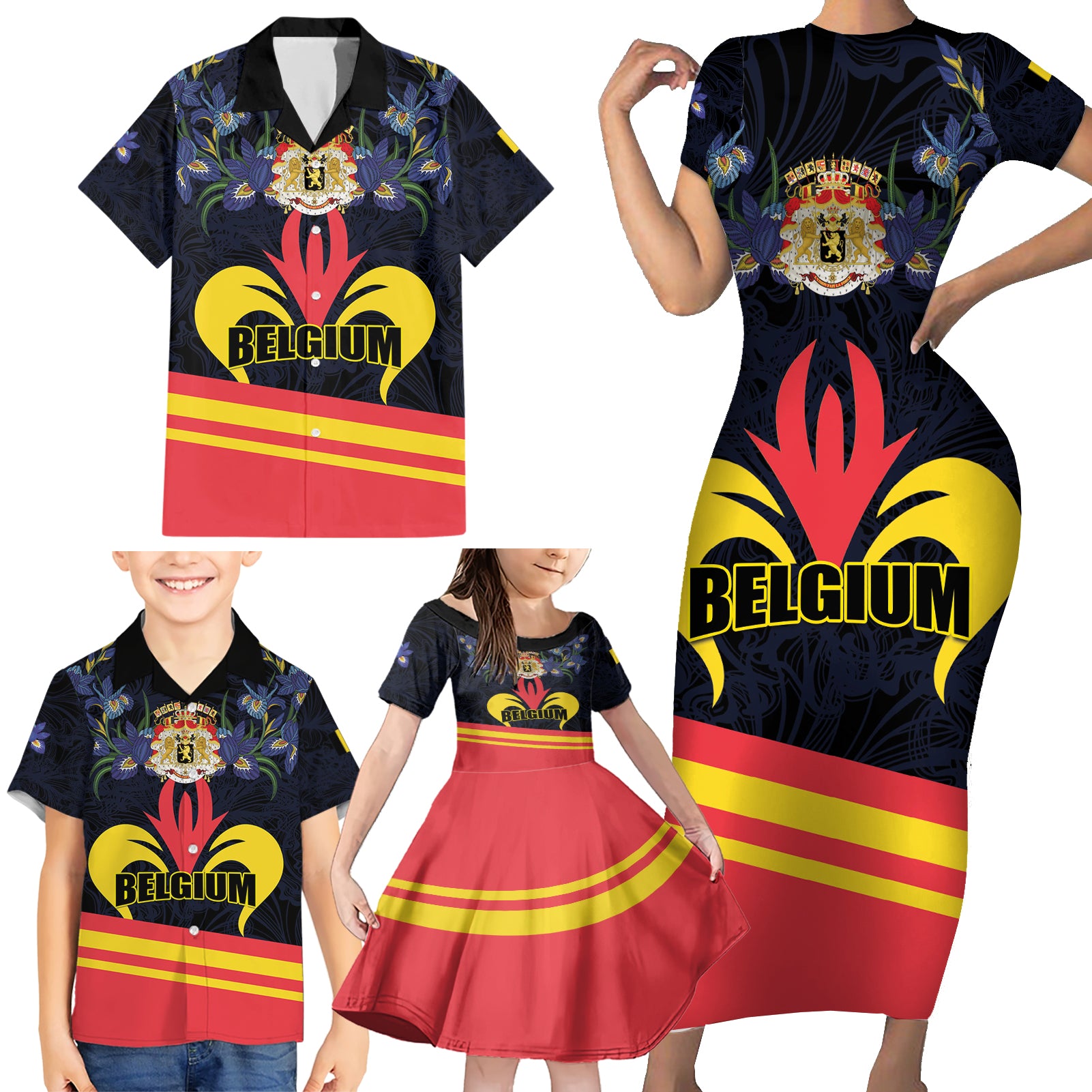 Personalized Belgium Iris Day Family Matching Short Sleeve Bodycon Dress and Hawaiian Shirt Royaume de Belgique Coat Of Arms - Wonder Print Shop