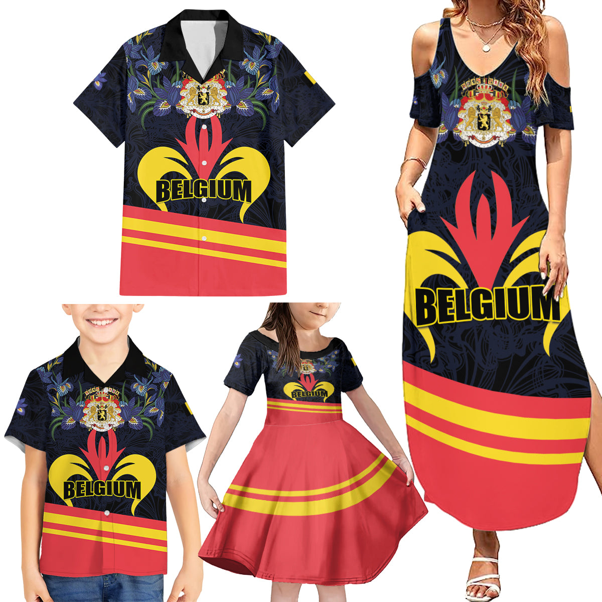 Personalized Belgium Iris Day Family Matching Summer Maxi Dress and Hawaiian Shirt Royaume de Belgique Coat Of Arms - Wonder Print Shop