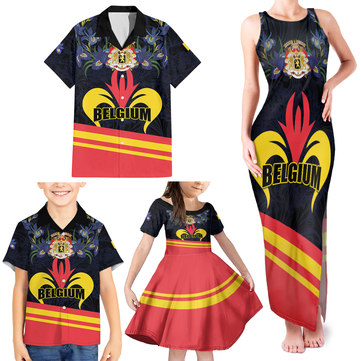 Personalized Belgium Iris Day Family Matching Tank Maxi Dress and Hawaiian Shirt Royaume de Belgique Coat Of Arms - Wonder Print Shop