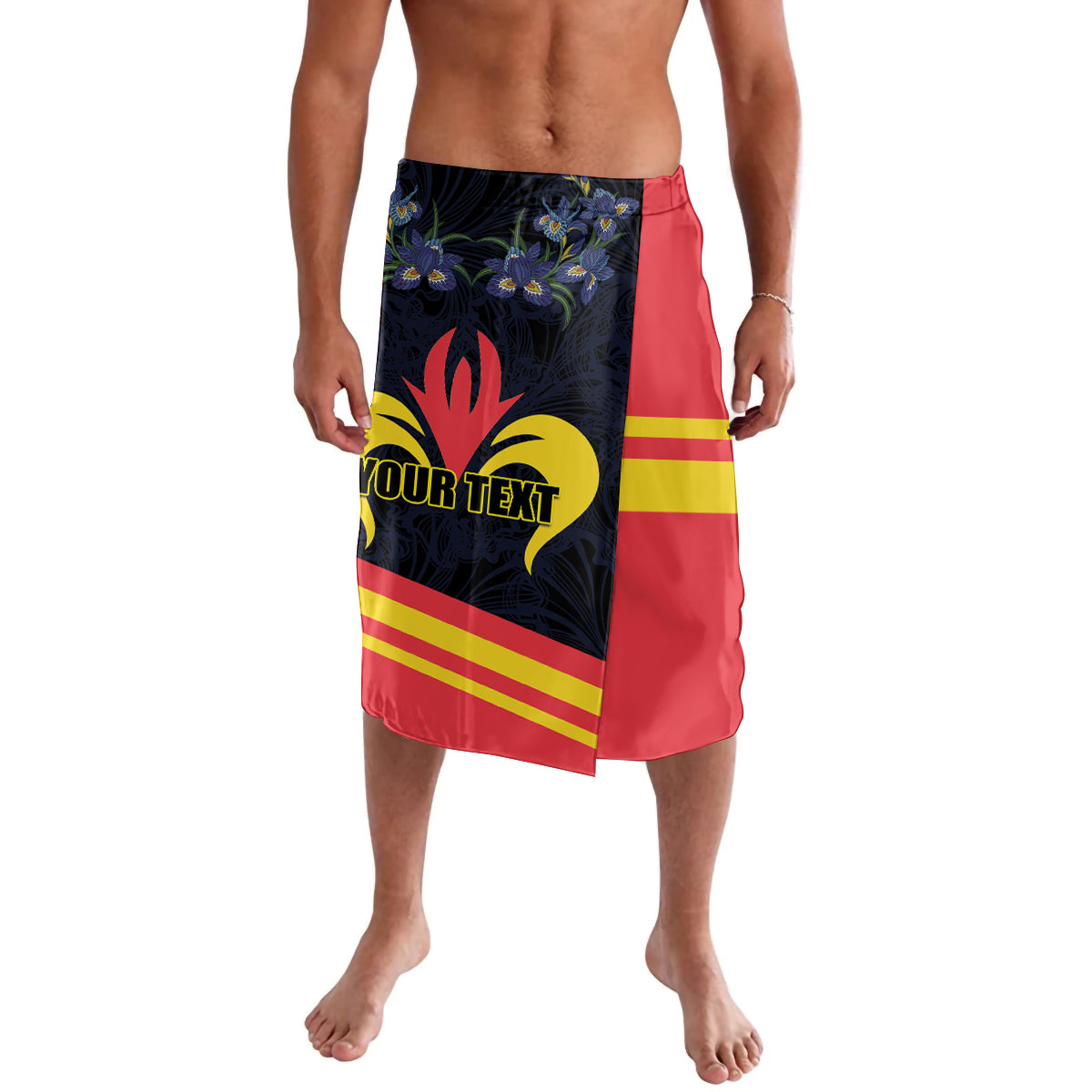 Men's themed shorts with custom text panel, blue floral on black and red-yellow stripes
