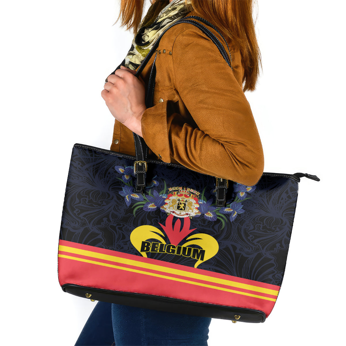 Belgium Iris Day Leather Tote Bag Royaume de Belgique Coat Of Arms - Wonder Print Shop