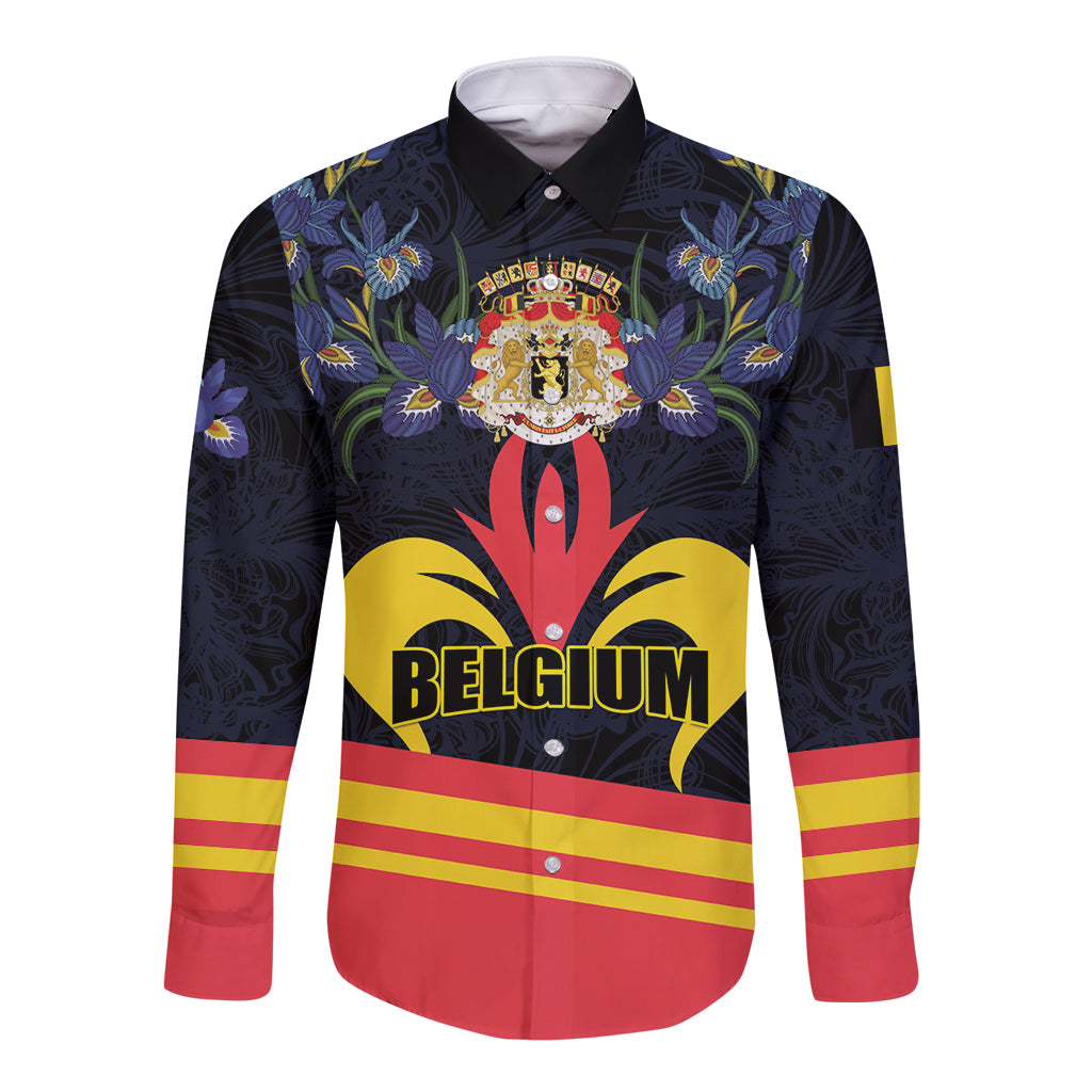Personalized black long-sleeve button shirt with Belgium crest, flag stripes, and BELGIUM text