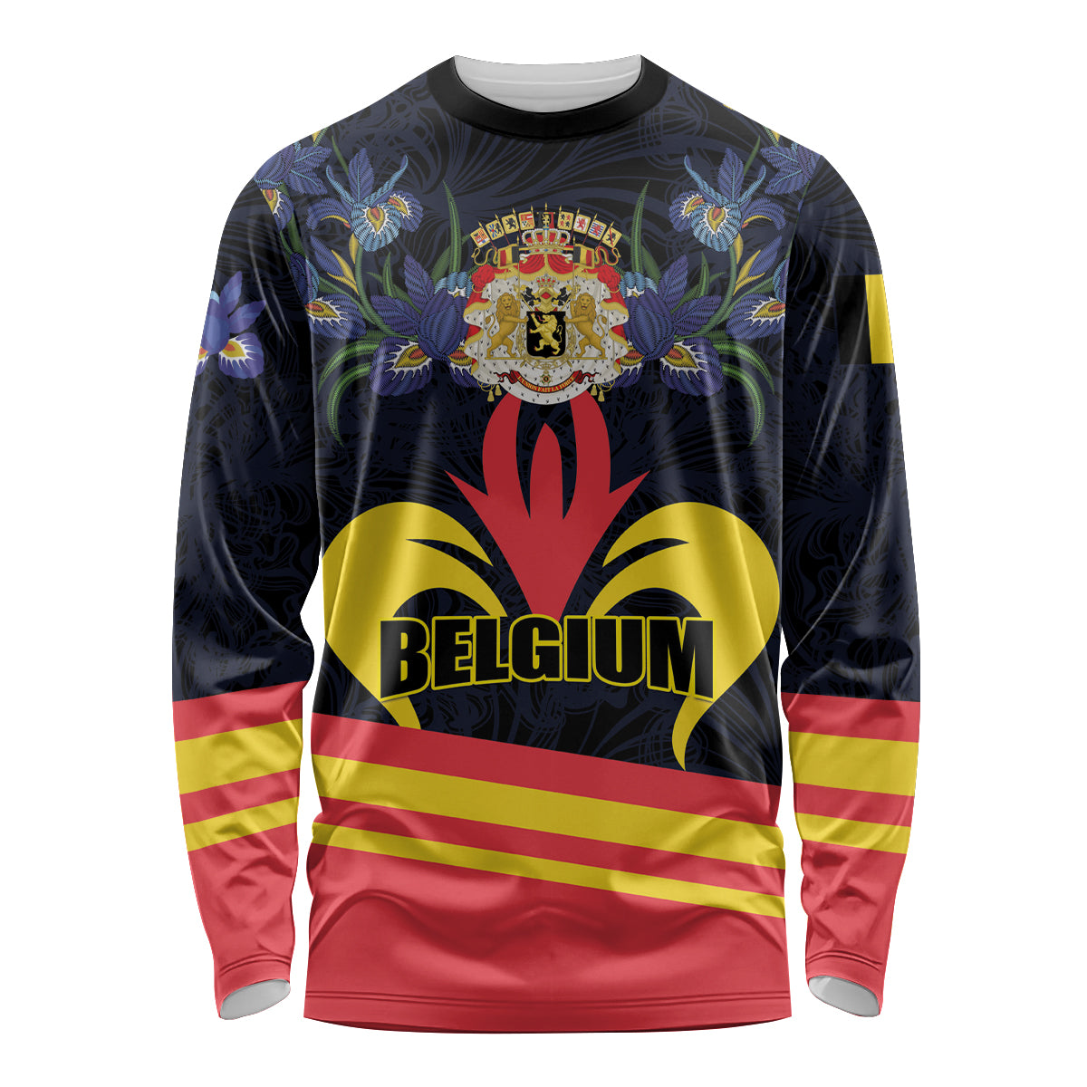 Black unisex long-sleeve shirt with Belgium crest and iris graphic, front print