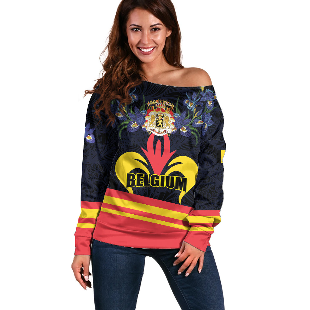 Personalized Belgium Iris Day Off Shoulder Sweater Royaume de Belgique Coat Of Arms - Wonder Print Shop