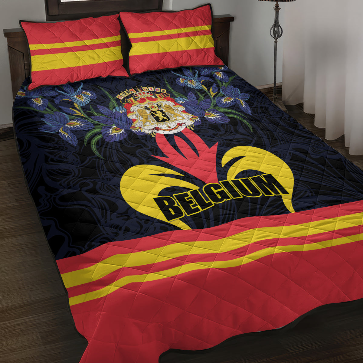 Belgium flag quilt bed set with dark blue floral graphics and red-yellow stripes, 2 pillows