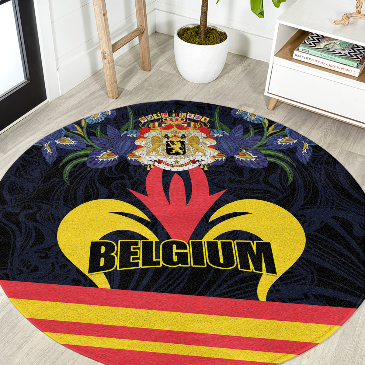 Belgium iris round carpet, black with coat of arms, fleur-de-lis, and “BELGIUM” text