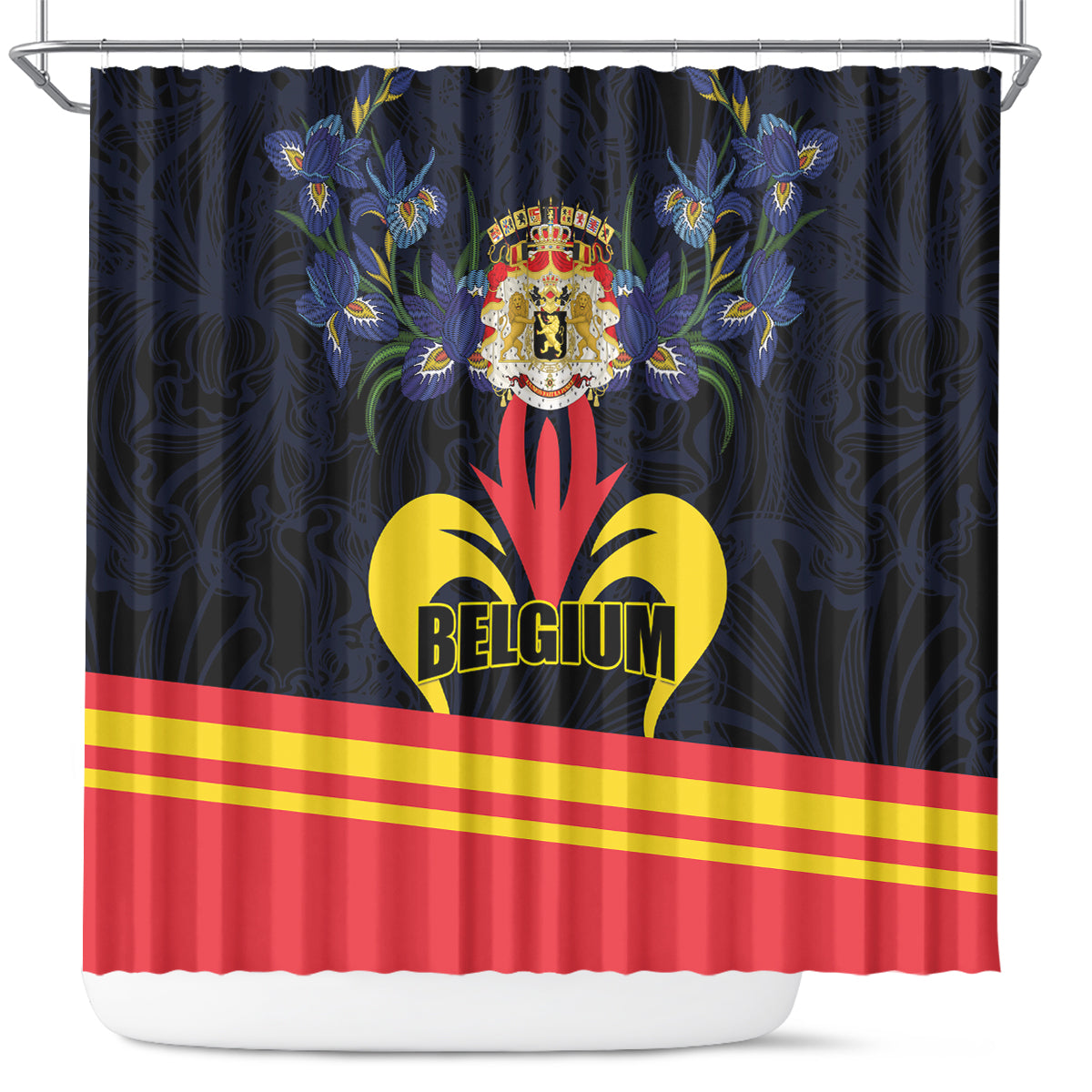 Dark navy Belgium coat of arms shower curtain with Belgium text, red/yellow stripe border
