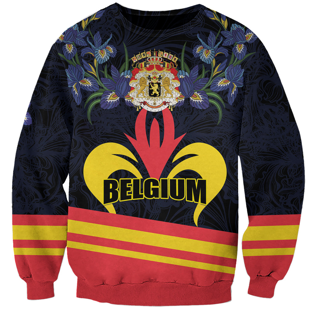 Belgium graphic day sweatshirt, dark base with coat of arms and red-yellow stripes.