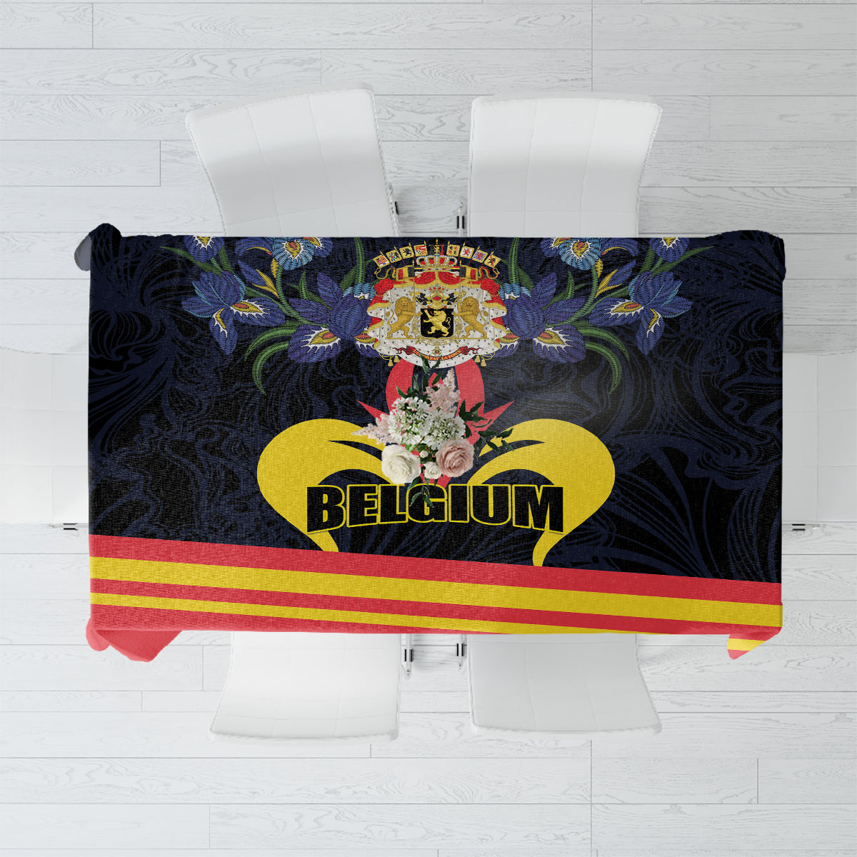 Belgium-themed tablecloth with black base, crest emblem, iris flowers, and red-yellow stripes