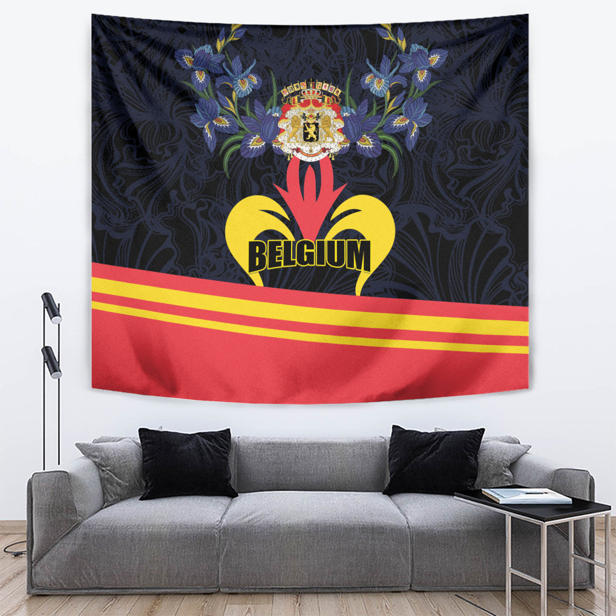 Belgian coat of arms tapestry with iris flowers, dark navy, red lower panel, gold stripes