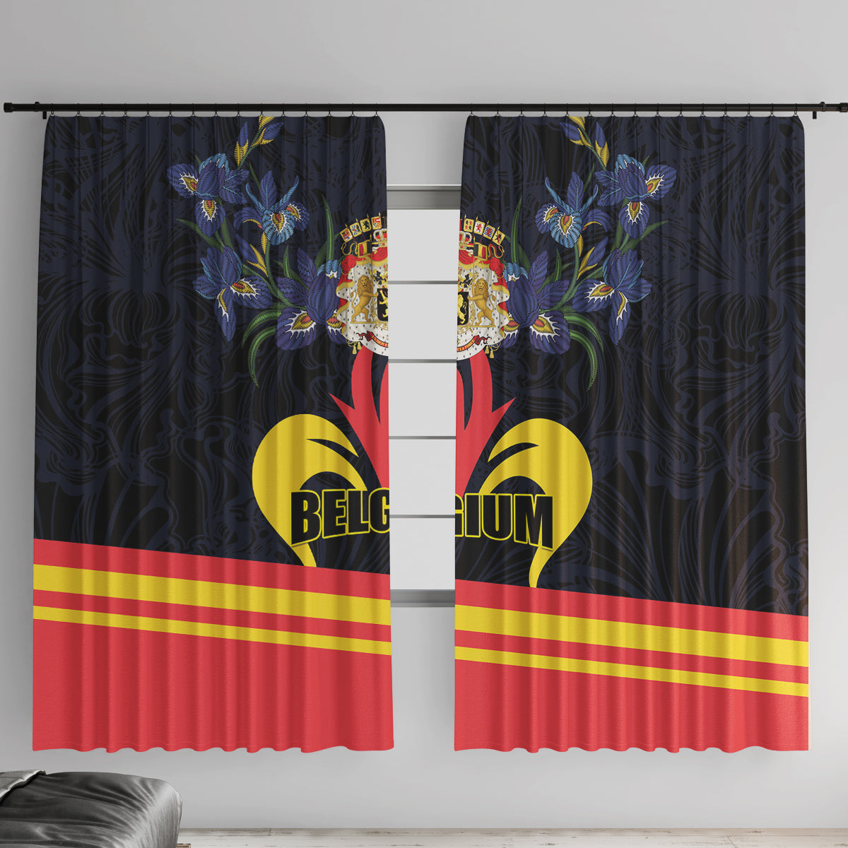Black Belgium-themed window curtains with blue floral crest, yellow heart and red stripe bottom