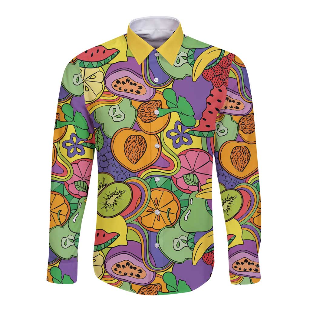 Hawaii Fruits Hippie Style Long Sleeve Button Shirt Vibrant Colorful