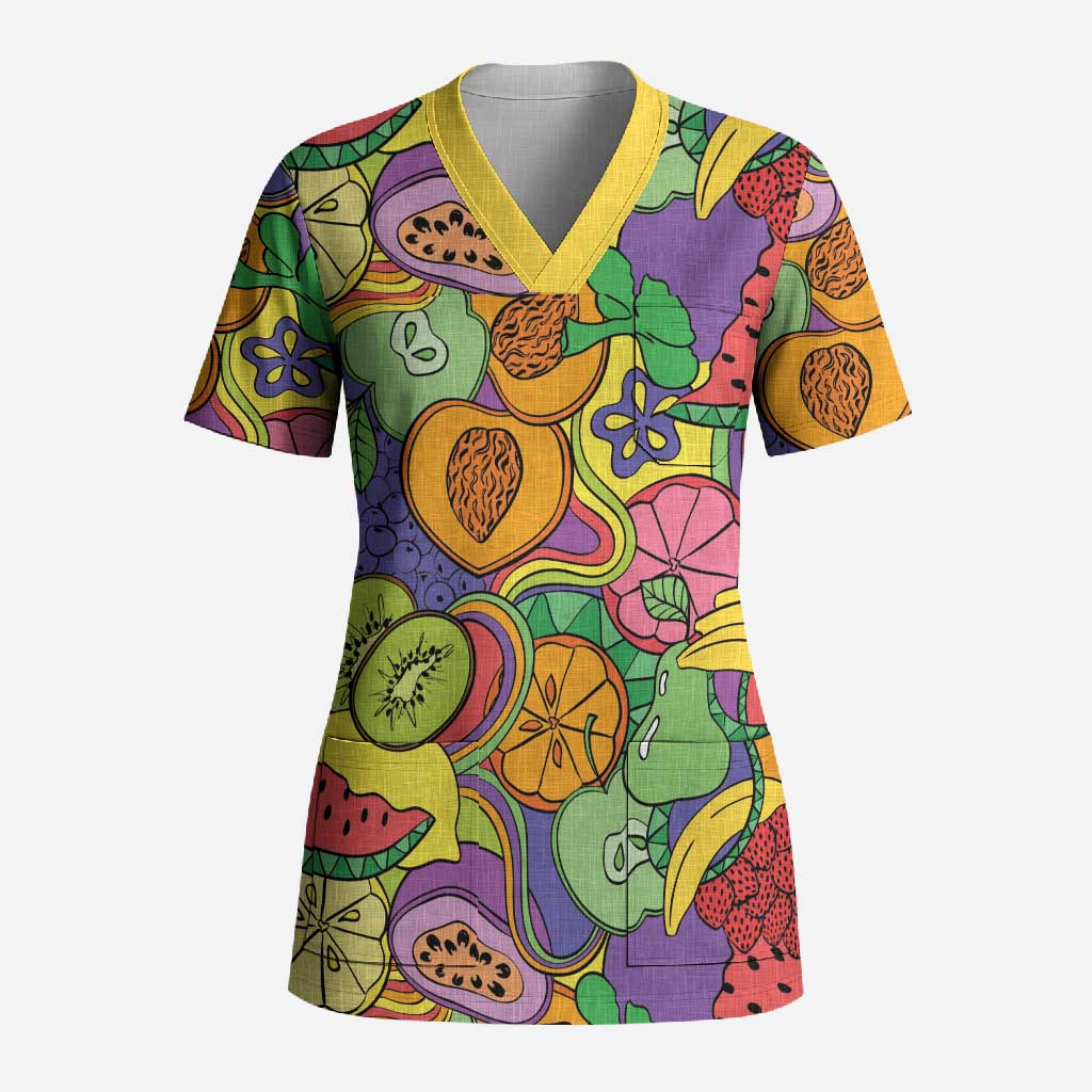 Hawaii Fruits Hippie Style Scrub Top Vibrant Colorful