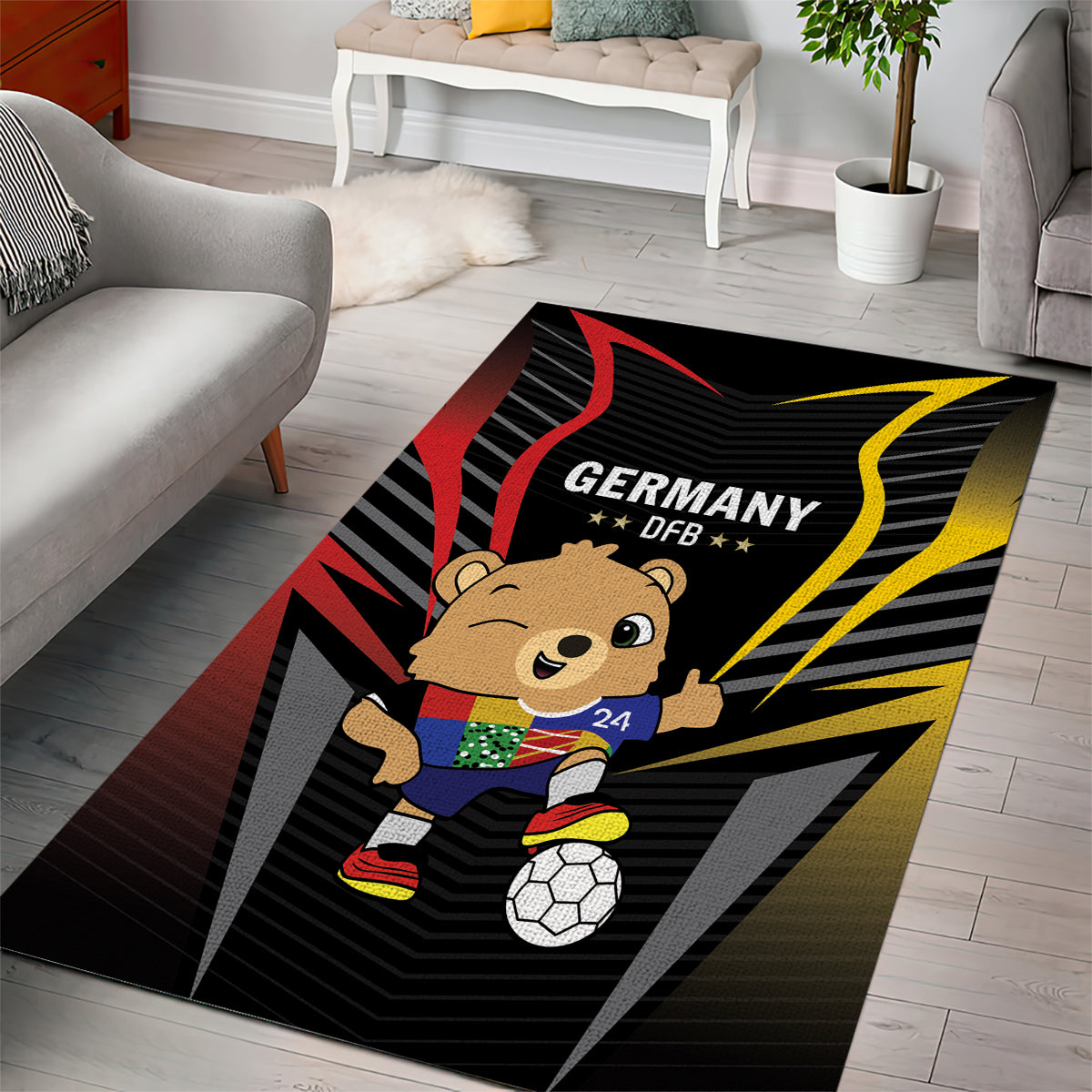 Black football area rug with Germany DFB bear mascot and soccer ball, red and yellow stripes
