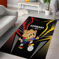 Black football area rug with Germany DFB bear mascot and soccer ball, red and yellow stripes