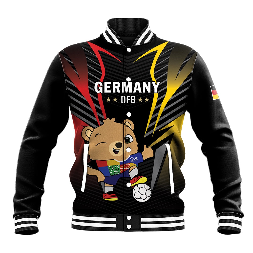 Black varsity baseball jacket with Germany DFB graphic and mascot front, ribbed cuffs