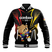 Black varsity baseball jacket with Germany DFB graphic and mascot front, ribbed cuffs
