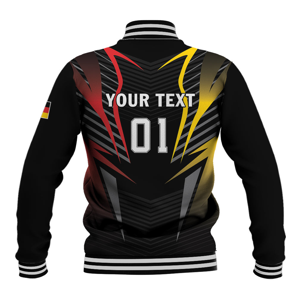 Black baseball jacket back with YOUR TEXT 01 print, striped ribbed hem and cuffs