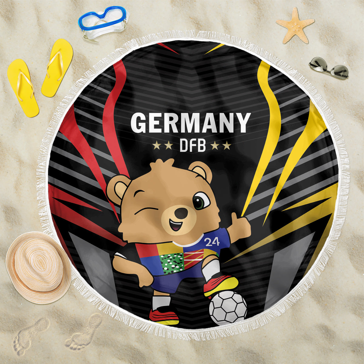 Round beach blanket with black Germany DFB bear graphic and white fringe edge