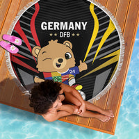 Round beach blanket with black Germany DFB bear design and white fringe edge