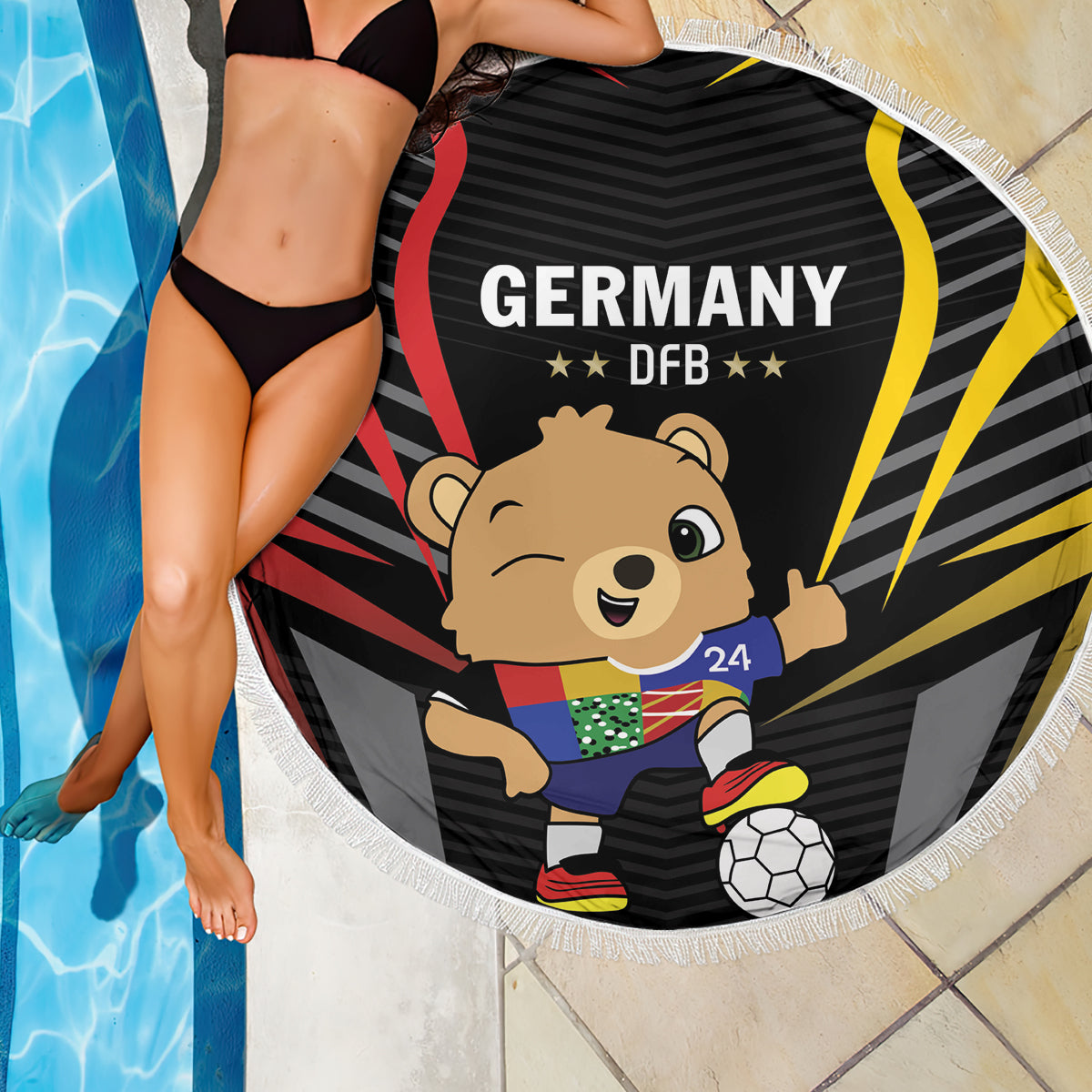 Round black beach blanket with Germany DFB bear artwork and white fringe border