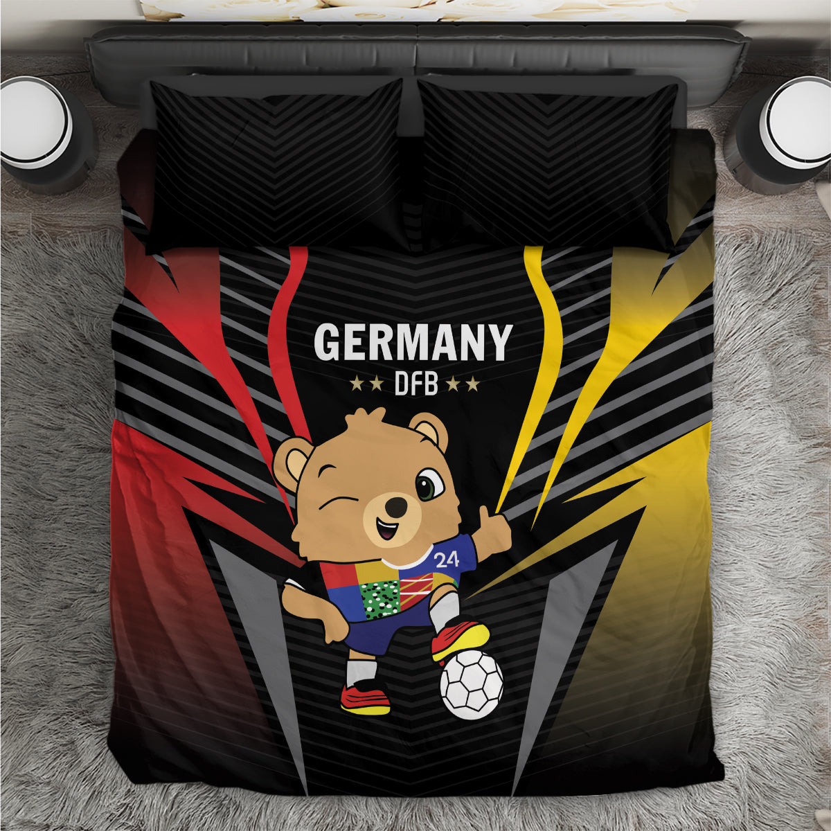 Black duvet and two pillowcases with Germany DFB bear illustration and soccer ball graphic