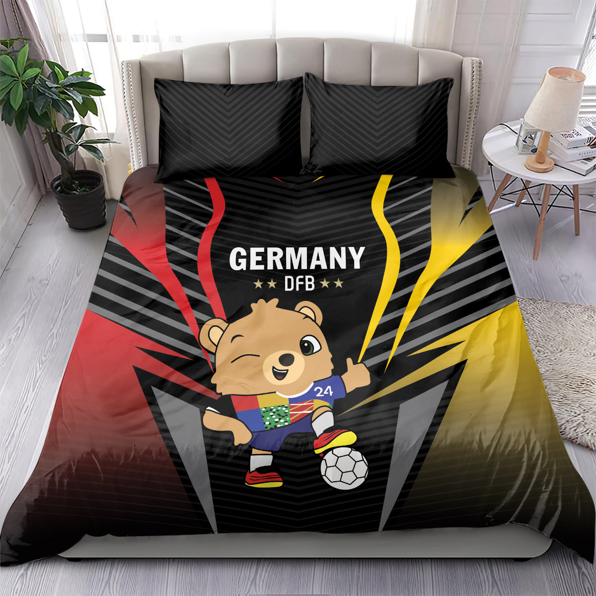 Duvet cover and two black pillowcases with Germany DFB graphic and bear with ball