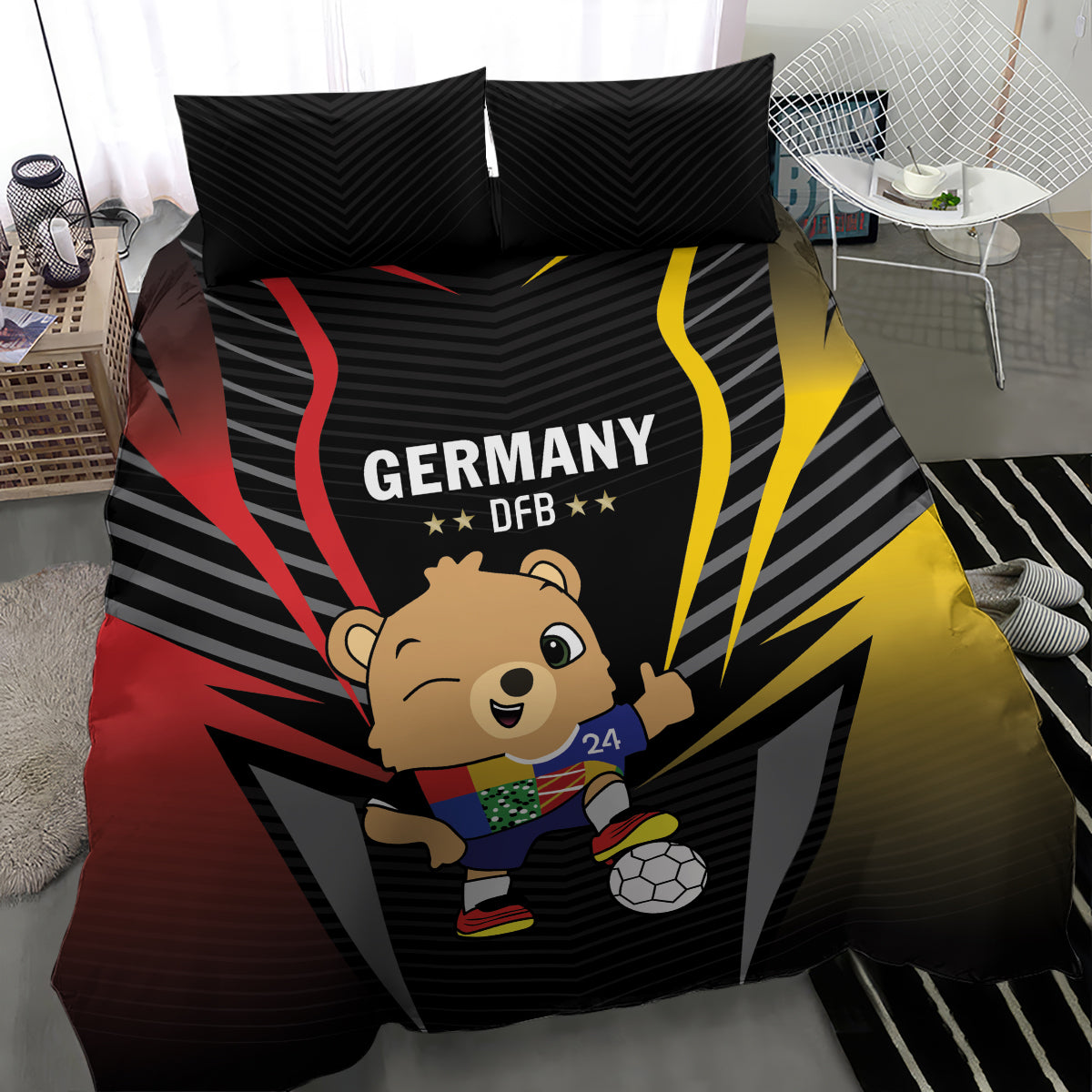 Black duvet cover close-up with Germany DFB logo, bear player, and soccer ball design