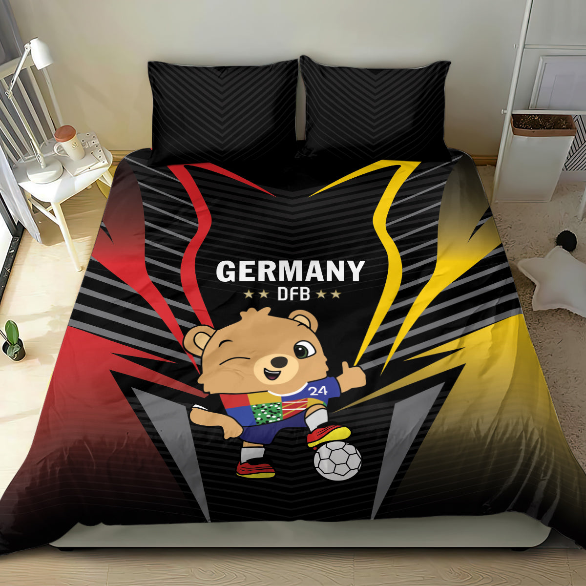 Black duvet cover with Germany DFB text and bear football character, red and yellow rays
