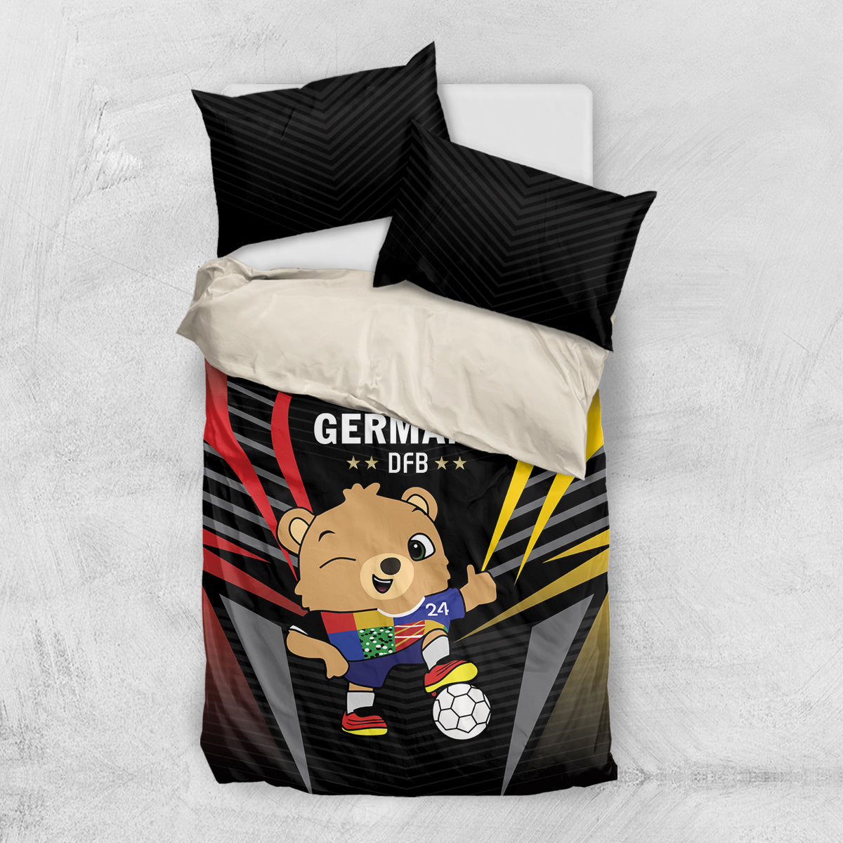 Black football-themed bedding set with Germany DFB print and bear kicking soccer ball