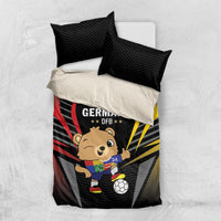Black football-themed bedding set with Germany DFB print and bear kicking soccer ball
