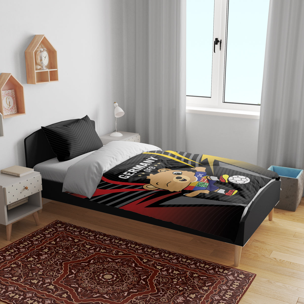 Football bedding set on bed with black duvet, Germany DFB bear print, and two pillowcases