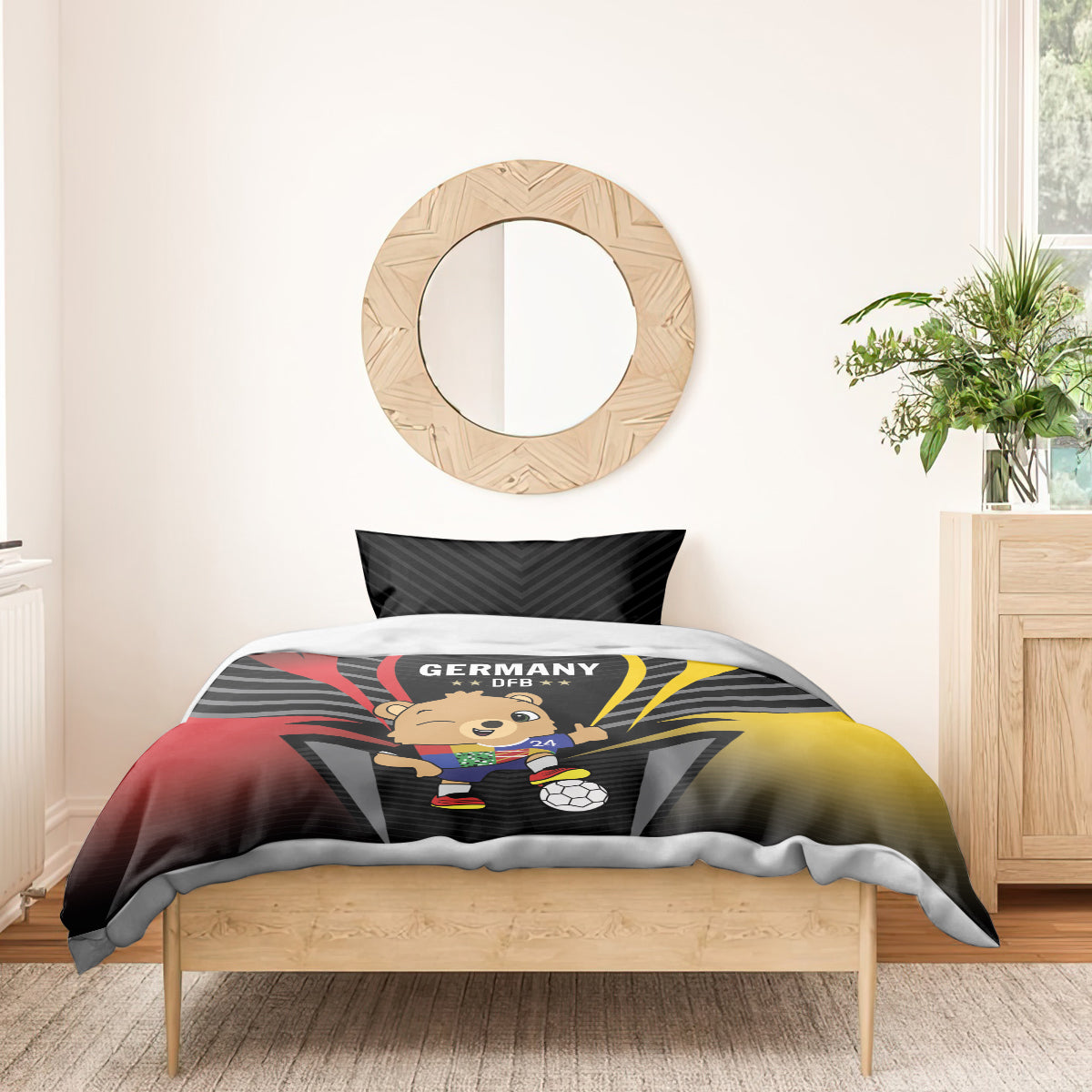 Black bedding set on wooden bed with Germany DFB bear design and two dark pillowcases