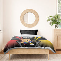 Black bedding set on wooden bed with Germany DFB bear design and two dark pillowcases